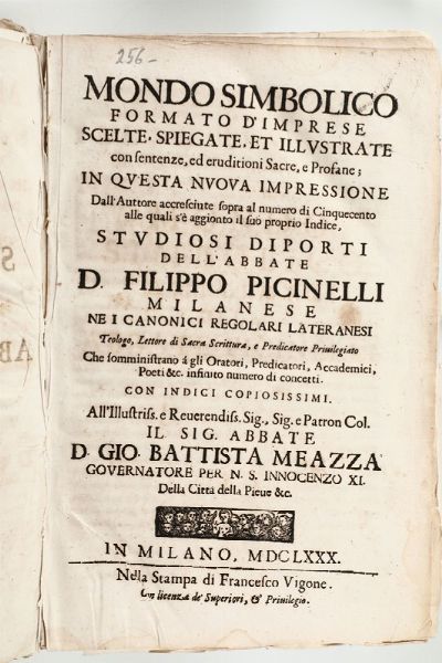 Picinelli,Filippo : Mondo simbolico formato d'imprese..Milano,Vigone,1680  - Asta Vedute, Carte e Libri Rari - Associazione Nazionale - Case d'Asta italiane