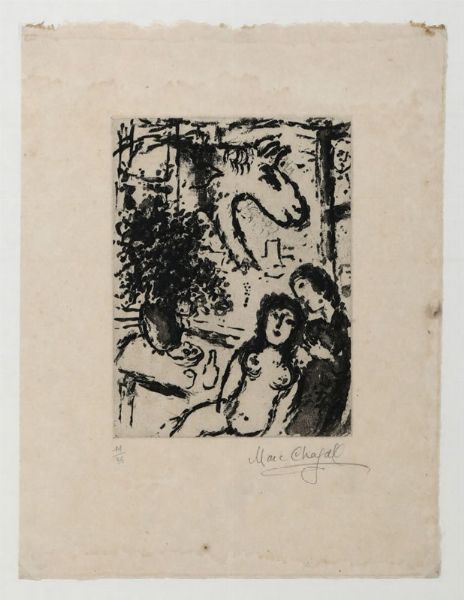 Marc Chagall : Coppia di amanti con vaso di fiori. Ginevra Cramer. S.D.  - Asta Vedute, Carte e Libri Rari - Associazione Nazionale - Case d'Asta italiane