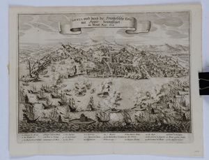 Anonimo - Veduta della citt di Genova durante il bombardamento del 1684 da parte della flotta francese. Incisione realizzata in ambito tedesco, fine del secolo XVII