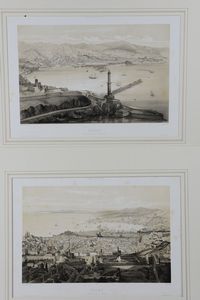 Guesdon/Schultz - Due belle vedute litografiche di Genova, tratte dalla serie L'Italie a vol d'oiseau, Parigi Lemercier, met XIX secolo