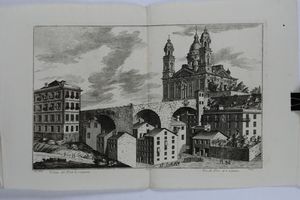 A.Giolfi/Torricelli/G.L. Guidotti - Veduta della chiesa e del ponte di Carignano. Met secolo XVIII