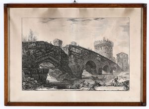 Giovan Battista Piranesi - Veduta di Ponte Lucano sull'Aniene, incisione. Tiratura secolo XIX