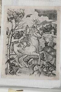 Monogrammista AF - Bel foglio inciso all'acquaforte e bulino di anonimo autore di area tedesca o fiamminga..raffigurante un inedito Bacco a cavallo che calpesta un drago..