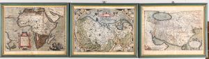 Ortelius Abraham - Tre carte dall'Atlante del 1590-97, in bella coloritura coeva. Difetti. Entro cornice. 47 x 58 cm.