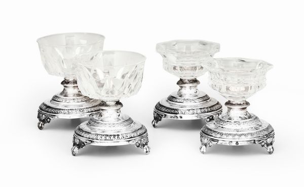 Due coppie di saliere saliere in argento e vetro molato, Genova XIX secolo.  - Asta 	L'Art de la Table - Associazione Nazionale - Case d'Asta italiane