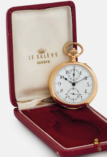 LE SALEVE : LE SALEVE, orologio da tasca, cronografo, in oro giallo 18K. Realizzato nel 1900 circa. Accompagnato da scatola originale  - Asta Orologi da Polso e da Tasca - Associazione Nazionale - Case d'Asta italiane