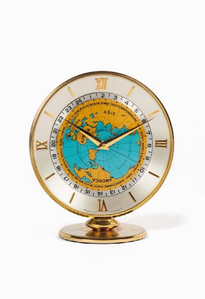 IMHOF : IMHOF, World Time Clock, Swiss 1488361.  Piccolo orologio da tavolo, con riserva di carica  8 giorni e ore del mondo. Realizzato circa nel 1950  - Asta Orologi da Polso e da Tasca - Associazione Nazionale - Case d'Asta italiane