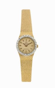 OMEGA - OMEGA, orologio da polso, da donna, al quarzo, in oro giallo 14K e brillanti con bracciale in oro originale. Realizzato nel 1970 circa