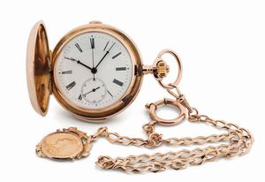 Anonimo - ANONIMO, orologio da tasca, con ripetizione dei quarti, in oro rosa con cronografo, catena in oro con moneta raffigurante Regina Vittoria e San Giorgio (1890). Realizzato circa nel 1900