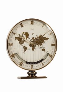 KIENZLE - KIENZLE, World Time gilt brass Desk Clock, orologio in ottone dorato, con ore del mondo, apertura per le 24 ore e indicazione del giorno e della notte. Realizzato nel 1950 circa