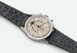 UNIVERSAL GENEVE - UNIVERSAL GENEVE, Ref. 22297/3, raro orologio da polso, cronografo, in acciaio con triplo calendario e fasi lunari. Realizzato nel 1950
