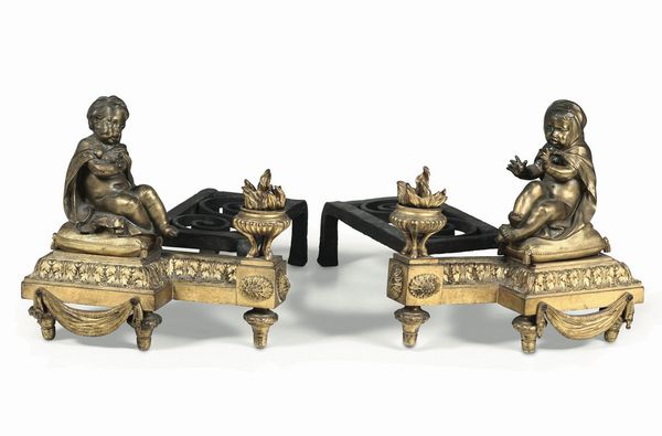 Coppia di alari in bronzo dorato di gusto neoclassico, XVIII-XIX secolo  - Asta Antiquariato - Associazione Nazionale - Case d'Asta italiane
