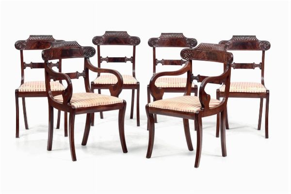 Gruppo di quattro sedie e due poltrone in mogano, XIX secolo  - Asta Antiquariato - Associazione Nazionale - Case d'Asta italiane