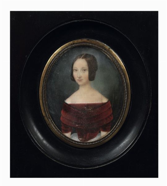 Miniatura su avorio raffigurante fanciulla con drappo rosso, A.Morlero? fece nel 1843  - Asta Antiquariato - Associazione Nazionale - Case d'Asta italiane
