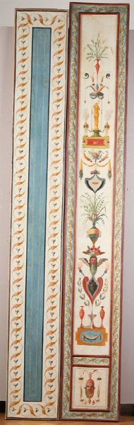 Coppia di pannelli su tela con decoro a grottesche, XVIII secolo  - Asta Antiquariato - Associazione Nazionale - Case d'Asta italiane