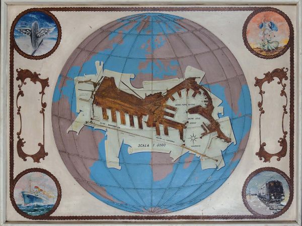 Grande pannello in legno con raffigurazione del porto di Genova, XX secolo  - Asta Antiquariato - Associazione Nazionale - Case d'Asta italiane