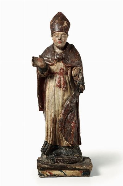 Santo Vescovo in legno policromo, arte Italiana del XVI-XVII secolo  - Asta Antiquariato - Associazione Nazionale - Case d'Asta italiane
