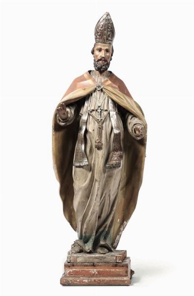 Figura di Vescovo in legno dipinto. Italia, fine del XVIII secolo  - Asta Antiquariato - Associazione Nazionale - Case d'Asta italiane