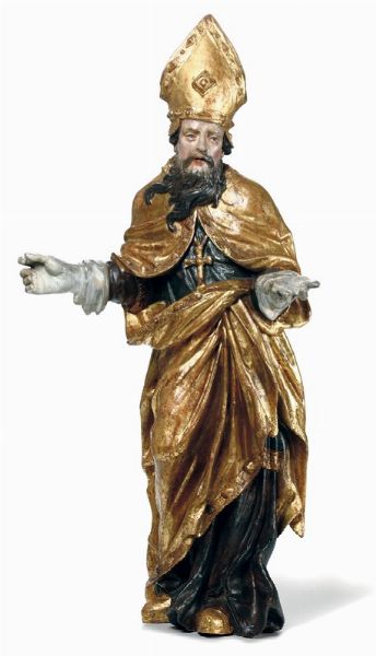 Santo Vescovo in legno policromo e dorato, Tirolo o Austria XVII-XVIII secolo  - Asta Antiquariato - Associazione Nazionale - Case d'Asta italiane