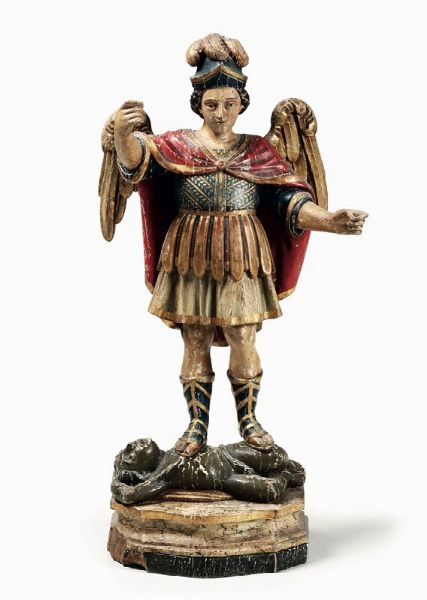 San Michele Arcangelo, scultura in legno policromo, Italia XVIII secolo  - Asta Antiquariato - Associazione Nazionale - Case d'Asta italiane