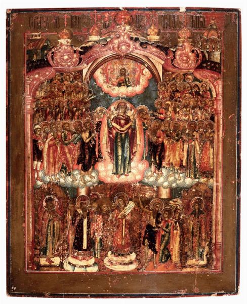 Icona raffigurante Vergine in gloria tra i santi, XIX secolo  - Asta Antiquariato - Associazione Nazionale - Case d'Asta italiane