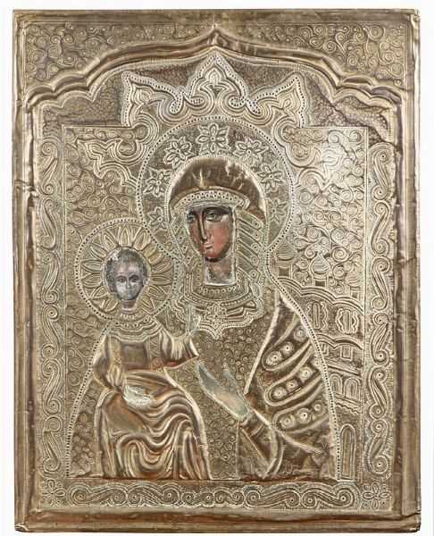 Icona raffigurante Madonna con Bambino con riza in argento, XIX secolo  - Asta Antiquariato - Associazione Nazionale - Case d'Asta italiane