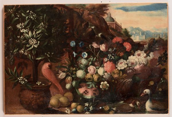 Natura morta in paesaggio con fiori, frutta e volatili  - Asta Antiquariato - Associazione Nazionale - Case d'Asta italiane