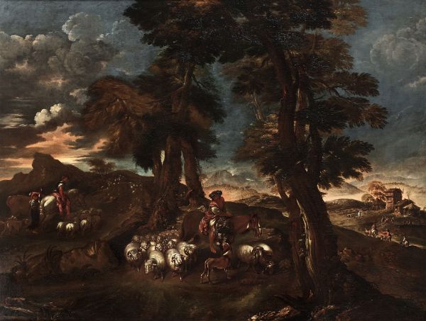 Castiglione Giovanni Benedetto detto il Grechetto : Paesaggio con pastori e pecore  - Asta Antiquariato - Associazione Nazionale - Case d'Asta italiane