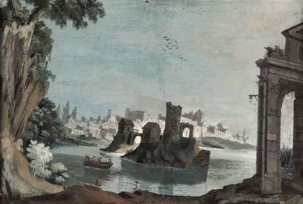 Paesaggio con imbarcazioni e rovine  - Asta Antiquariato - Associazione Nazionale - Case d'Asta italiane