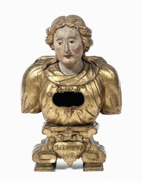 Busto reliquiario in legno scolpito, dipinto e dorato, XVIII secolo  - Asta Antiquariato - Associazione Nazionale - Case d'Asta italiane