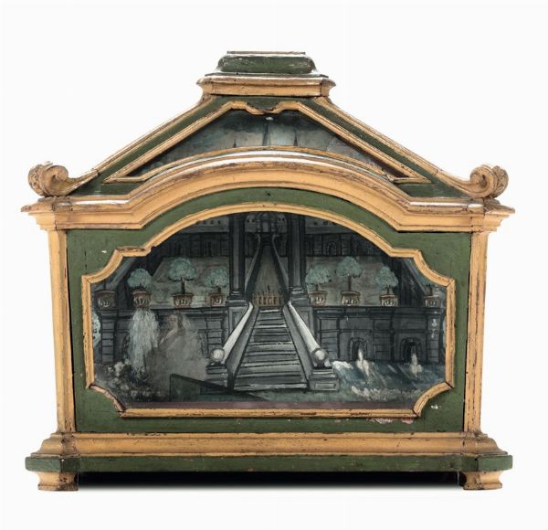 Teca laccata con con disegno architettonico allinterno, XVIII-XIX secolo  - Asta Antiquariato - Associazione Nazionale - Case d'Asta italiane