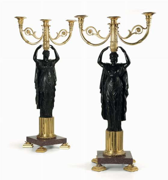 Coppia di grandi candelabri in bronzo dorato e a patina scura, XIX-XX secolo  - Asta Antiquariato - Associazione Nazionale - Case d'Asta italiane
