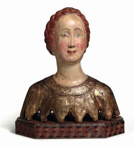 Busto femminile in legno policromo e dorato in stile rinascimentale del XV-XVI secolo  - Asta Antiquariato - Associazione Nazionale - Case d'Asta italiane