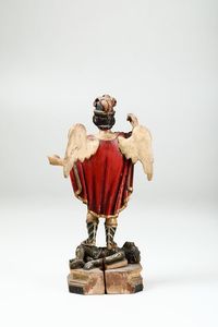 San Michele Arcangelo, scultura in legno policromo, Italia XVIII secolo  - Asta Antiquariato - Associazione Nazionale - Case d'Asta italiane