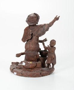 Gruppo in terracotta raffigurante mendicante con bambina, Germania, XVIII secolo  - Asta Antiquariato - Associazione Nazionale - Case d'Asta italiane