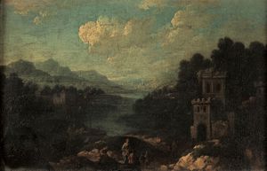 Querfurt Augustus : Paesaggio fluviale con castello e figure  - Asta Antiquariato - Associazione Nazionale - Case d'Asta italiane