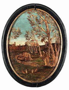 Tarsia lignea dipinta, raffigurante Mos salvato dalle acque, XIX secolo  - Asta Antiquariato - Associazione Nazionale - Case d'Asta italiane