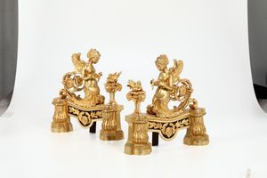 Coppia di alari in bronzo dorato e cesellato, Francia XIX-XX secolo  - Asta Antiquariato - Associazione Nazionale - Case d'Asta italiane