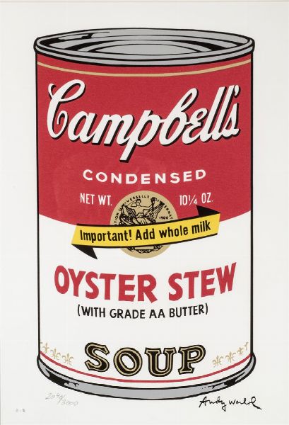 WARHOL ANDY USA 1927 - 1987 : Campbell's condensed oyster stew soup  - Asta Asta di dipinti antichi, dell'800, del '900 e contemporanei. Sculture e grafica - Associazione Nazionale - Case d'Asta italiane