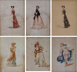 GONIN FRANCESCO Torino 1808 - 1889 Giaveno (TO) - Lotto di sei acquerelli (figure di dame e cavalieri)