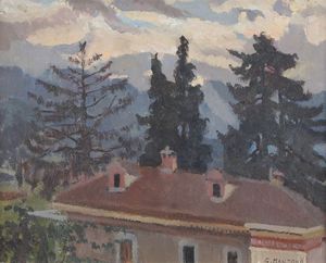 MANZONE GIUSEPPE Asti 1887 - 1983 - Paesaggio con casa