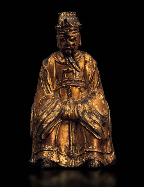 Figura di dignitario seduto in bronzo dorato e parzialmente dipinto, Cina, Dinastia Ming, XVII secolo  - Asta Fine Chinese Works of Art - Associazione Nazionale - Case d'Asta italiane