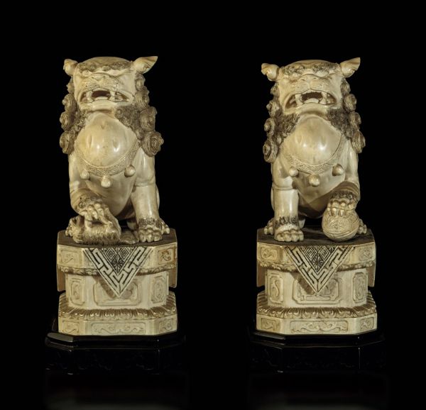 Coppia di cani di Pho scolpiti in avorio, Cina, inizi XX secolo  - Asta Fine Chinese Works of Art - Associazione Nazionale - Case d'Asta italiane