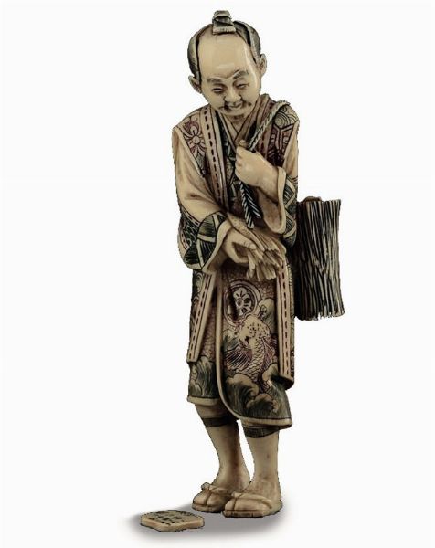 Figura di contadino con legna scolpito in avorio, Giappone, inizi XX secolo  - Asta Fine Chinese Works of Art - Associazione Nazionale - Case d'Asta italiane
