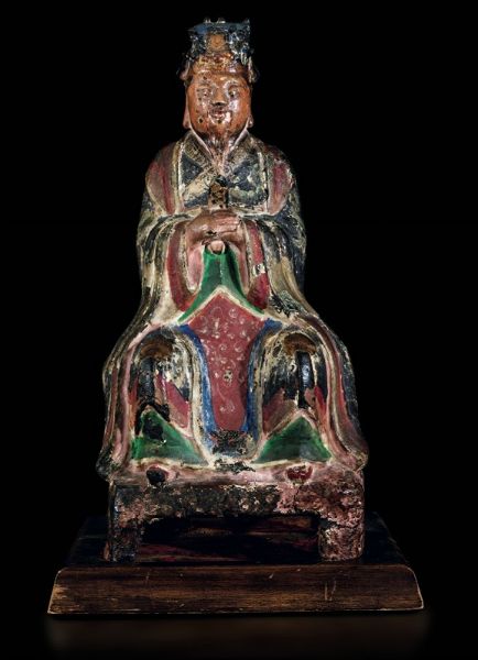 Figura di saggio seduto in bronzo policromo, Cina, Dinastia Ming (XIV-XVII secolo)  - Asta Fine Chinese Works of Art - Associazione Nazionale - Case d'Asta italiane
