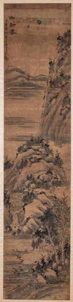 Dipinto su carta raffigurante paesaggio con pagode e iscrizioni, Giappone, XVIII secolo  - Asta Fine Chinese Works of Art - Associazione Nazionale - Case d'Asta italiane