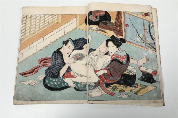 Shunga contenente serie di tavole a soggetto erotico, Giappone, Periodo Edo, fine XVIII secolo  - Asta Fine Chinese Works of Art - Associazione Nazionale - Case d'Asta italiane