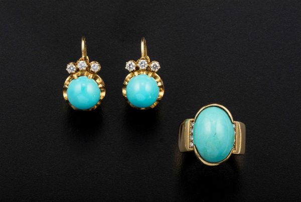 Anello ed orecchini con turchesi e diamanti  - Asta Fine Coral Jewels - Associazione Nazionale - Case d'Asta italiane