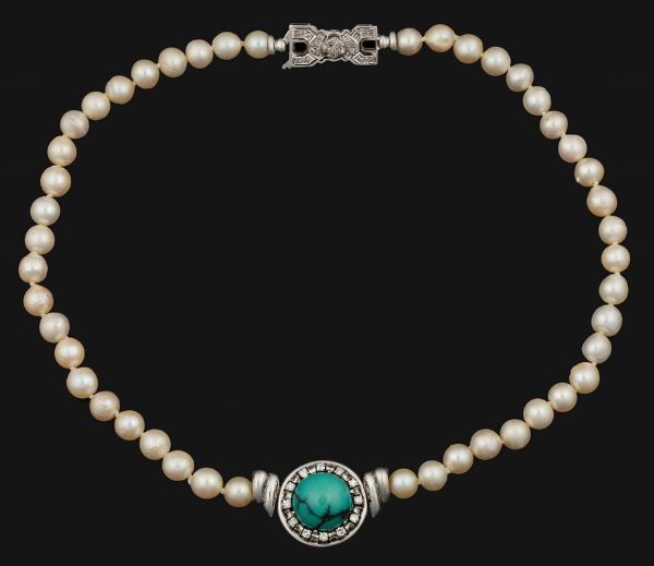 Filo di perle coltivate con diamanti e turchese  - Asta Fine Coral Jewels - Associazione Nazionale - Case d'Asta italiane