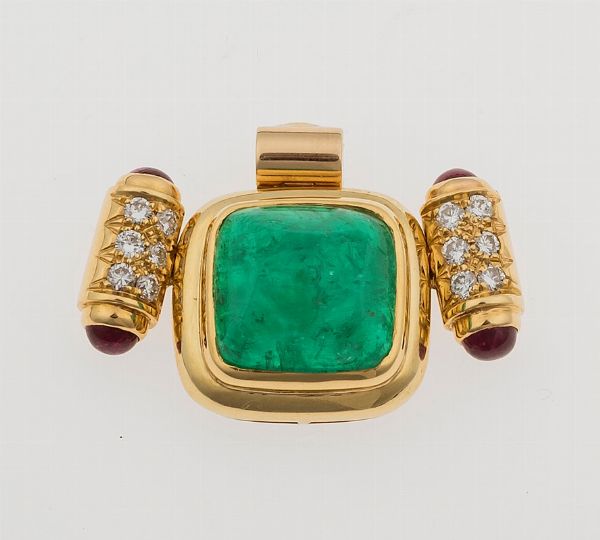 Pendente con smeraldo Colombia, diamanti e rubini  - Asta Fine Jewels - Associazione Nazionale - Case d'Asta italiane